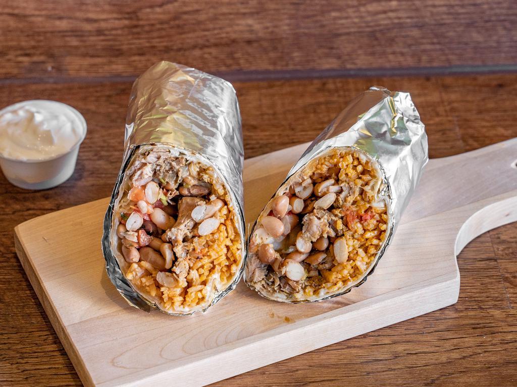 Regular Burrito · Meat (chicken or pork or fish), rice, beans, pico and cheese.