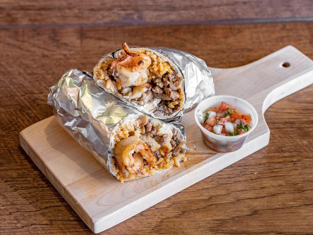 Surf and Turf Burrito · Grilled beef steak, grilled shrimp, rice, beans, pico and cheese. 