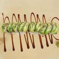 45. Caterpillar Roll · Inside: fresh water eel, crab meat, cucumber, avocado. Outside: avocado.