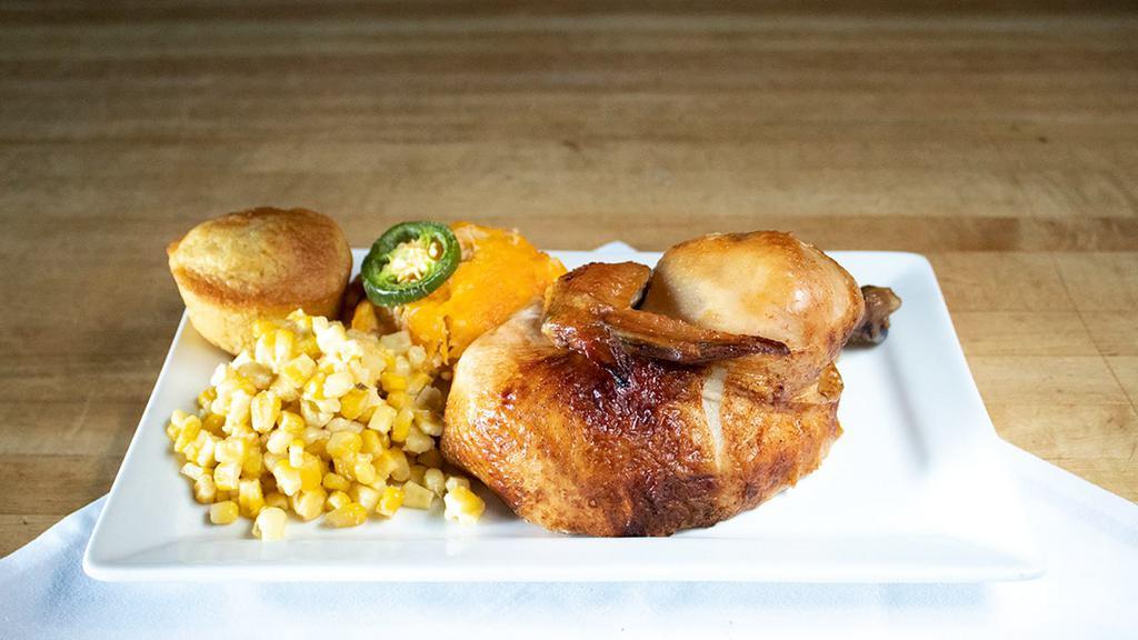 Smoked 1/2 Chicken Entree · Smoked Chicken served with two sides and Smokehouse cornbread