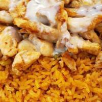 Arroz con Pollo · Grilled chicken over rice, covered in cheese sauce. Substitute red sauce for an additional c...