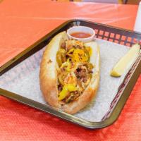 Fire Steak Sub · Seasoned sirloin steak. Sauteed onions, jalapenos, banana peppers, hot sauce and melted prov...