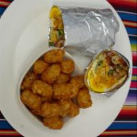 Find Your  Burrito · Tater tots eggs sausage bacon cheddar and jack cheese avocado pico de gallo. Served with fru...