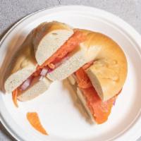 Bagel and Lox · Smoked Salmon (Lox) with Cream Cheese, Capers, Tomatoes, and Onions on your choice of Bagel ...