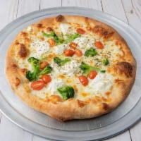 White Pizza · Tomatoes, broccoli, garlic, ricotta, and mozzarella.