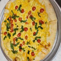 Crab Pizza · homemade Crab sauce added on top of cheddar cheese topped pizza. Cherry Tomatoes and Fresh B...