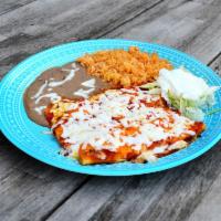Enchiladas Dinner · 3 corn tortillas red, green, or queso with your choice of chicken, cheese or beef. Rice and ...