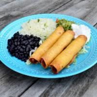 Chicken Flautas Dinner · 3 flour tortillas filled with chicken, rolled up, and fried. Rice and beans.
