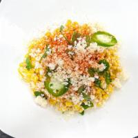 Indiana Corn (Salad) · Chilled roasted sweet corn tossed in cotija cheese, mayo, chile, cilantro, red onions, peppe...