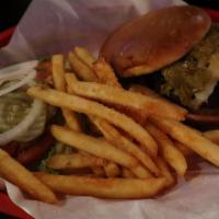 ​Green Chili Burger · 1/2 lb. Angus patty served with Diced green chili,  pepper jack cheese, lettuce, tomatoes, o...