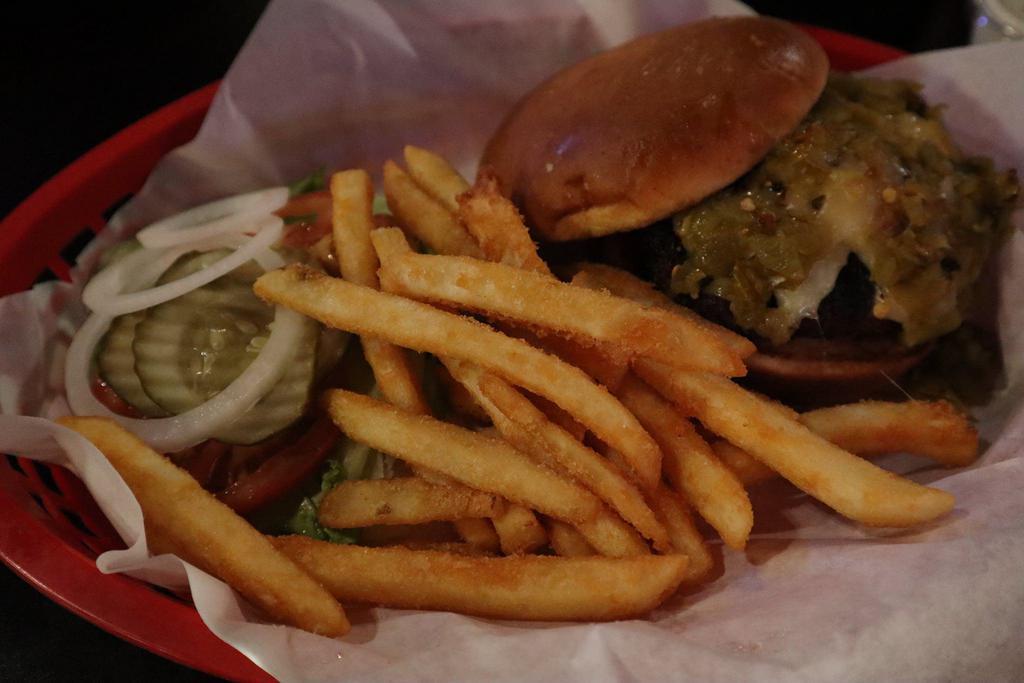 ​Green Chili Burger · 1/2 lb. Angus patty served with Diced green chili,  pepper jack cheese, lettuce, tomatoes, onions and pickle. 