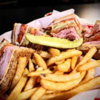 High 5 Club Sandwich · Turkey, bacon, ham, American cheese, lettuce, tomato and mayonnaise served on choice of bread.