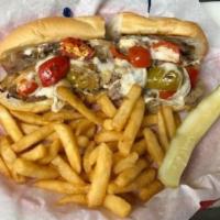 Cheesesteak Sandwich · Chopped roast beef with mushrooms, onions, mixed peppers, provolone cheese and mayonnaise se...