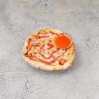 BBQ Chicken Pizza (Red) · Hickory BBQ and pizza sauces, grilled chicken and side of hot sauce. 