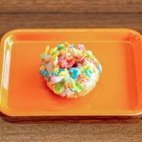 Fruity Pebbles Donut · Vanilla cake, icing with fruity pebbles.