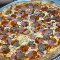 When Pigs Fly Specialty Pie · All meat pizza. Red sauce, mozzarella, pepperoni, sausage, ham, and bacon.