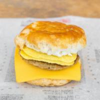 Sausage, Egg, and Cheese Biscuit · A freshly baked biscuit with delicious savory sausage, egg, and a slice of American cheese o...