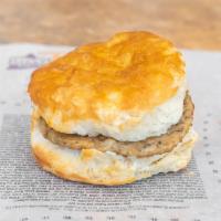 Sausage Biscuit · A freshly baked biscuit with a delicious sausage patty in the middle. Made fresh every morni...