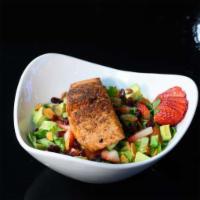DNF Salmon Bowl · Grilled salmon marinated to perfection served over a colorful, flavorful blend of mushrooms,...