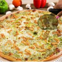 Chicken Pesto Pizza · Mozzarella, pesto sauce and chicken.
