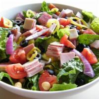Antipasto Salad · Lettuce, tomato, pepperoncini, red onions, black olives, with Italian mortadella, Italian dr...