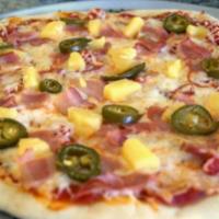 Spicy Hawaiian Pizza · Bacon, pineapple, jalapeno and extra mozzarella cheese with our classic pizza sauce.