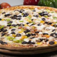 Veggie Lovers Pizza · Tomato, black olives, red onion, green bell pepper, mushrooms, in our classic pizza sauce wi...