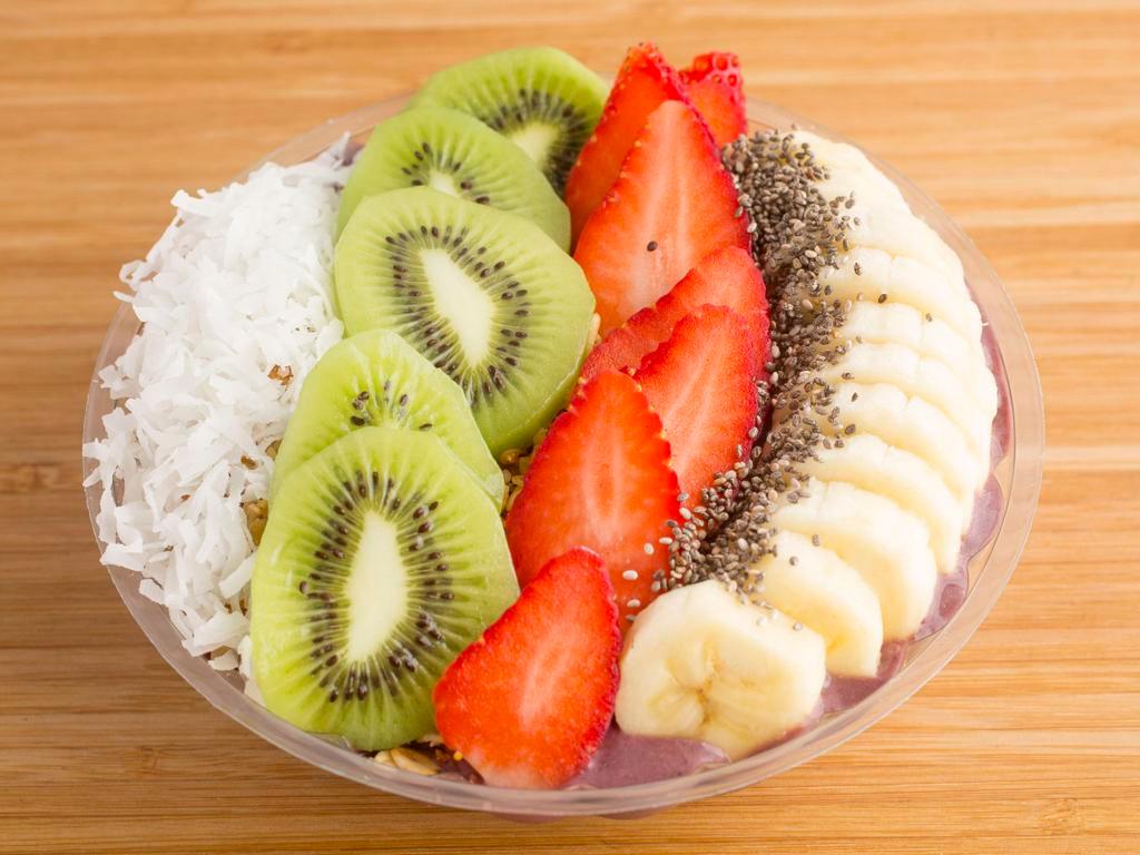PB Bowl · Brazilian organic acai, blended with banana, peanut butter, almond milk, topped with banana, strawberry, kiwi, coconut flakes, granola and chia seeds.