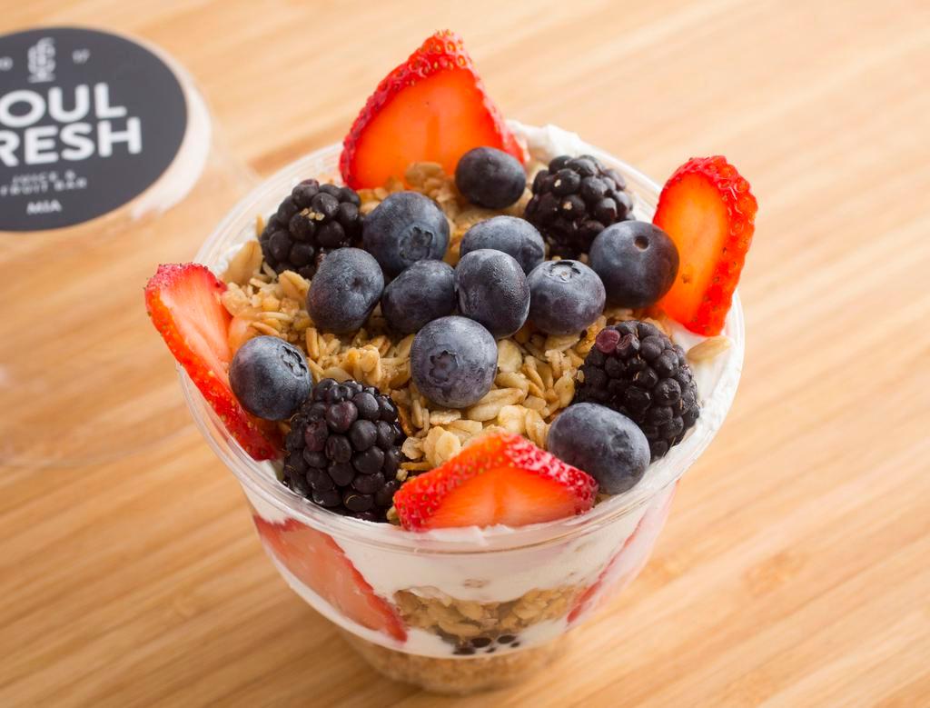 Parfait 2 · Nonfat Greek yogurt, topped with strawberry, blueberries, blackberries and granola.