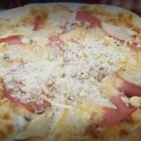 Crudo Pizza · Prosciutto, pears, and gorgonzola cheese.