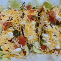 Tacos Americanos · choice of meat, cheese, lettuce, sour cream, pico de gallo ( tomatoes cilantro, onion, lime ...