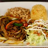 Fajitas · Choice of meat, Sautéed bell peppers with onion, side of rice and beans, and side of lettuce...