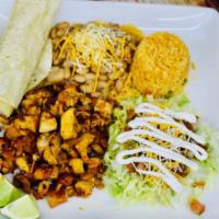 Combo Mix Plate · Spanish rice, pinto beans, choice of meat, served with lettuce, pico de gallo, sour cream, c...