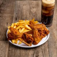 Whole Wings Special with Side and Soda · Served with fries or rice and a can of soda.