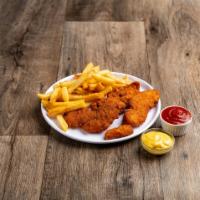 Chicken Tenders · Breaded or battered crispy chicken. Served with fries or rice and a can of soda.