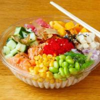 Large 3 Protein Poke Bowl · Our Wholesome Fresh Poke Bowl is served with your choice of base, 3 proteins, sauce, topping...