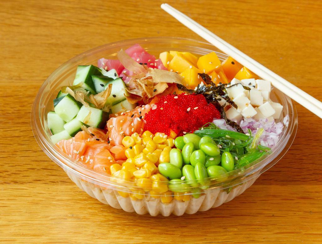 Large 3 Protein Poke Bowl · Our Wholesome Fresh Poke Bowl is served with your choice of base, 3 proteins, sauce, toppings and crunch.