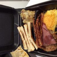 Meat Lovers Platter · Ham, bacon, sausage, 2 eggs, toast and home fries. Includes small coffee.