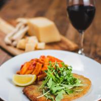 Pollo Milanese · Lightly-breaded chicken breast, pan-fried served with a side of rigatoni in tomato sauce. Se...