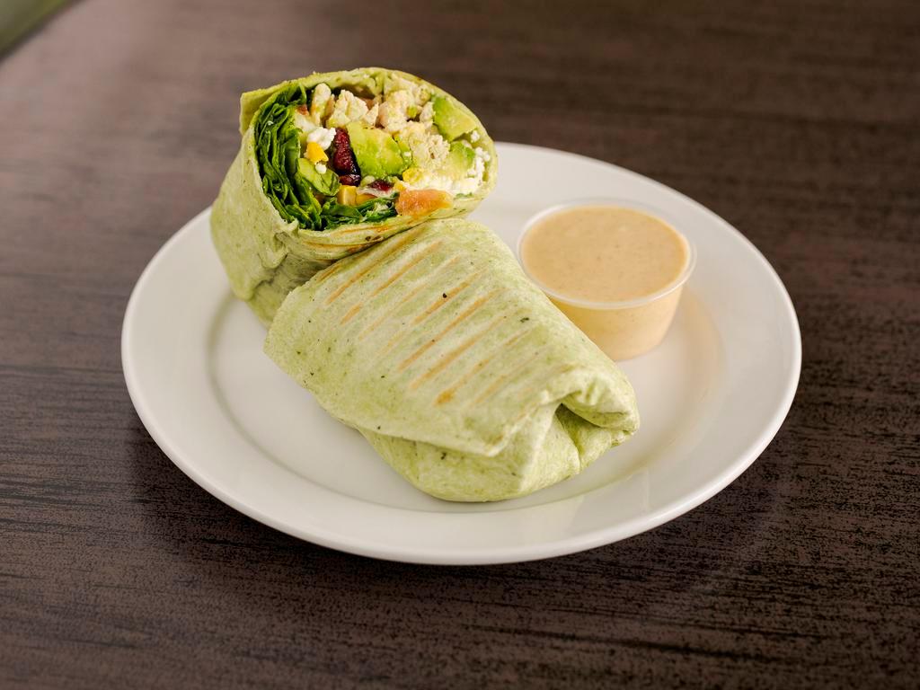 Anee's Favorite Wrap · Chicken, spinach, tomato, cucumber, cranberries, corn, feta, honey mustard, avocado and spinach wrap.