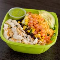 Mexican Salad · Chicken, lettuce, tomato, corn, black beans, cheddar cheese, avocado and cilantro dressing.