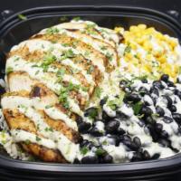 Tex-Mex Bowl · Grilled Blackened Chicken Breast, Cilantro Lime Aioli, White Rice, Corn and Black Beans.