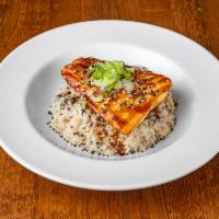 Salmon Teriyaki · Oven Roasted Salmon Fillet, Teriyaki Sauce, Scallions, Steamed White Rice