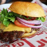 Smash Cheese Burger · Angus beef, American cheese, lettuce, onion, tomato, pickle, secret sauce, brioche bun.