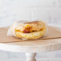 Bacon, Egg and Cheese Sandwich on English Muffin · English Muffin with American Cheese, Egg and Bacon warmed up to Perfection!
