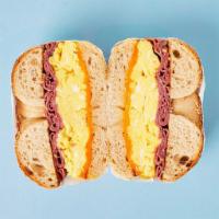 Pastrami, Egg and Cheese Bagel · Choice of bagel with 2 scrambled eggs and cheese. Plain bagel.