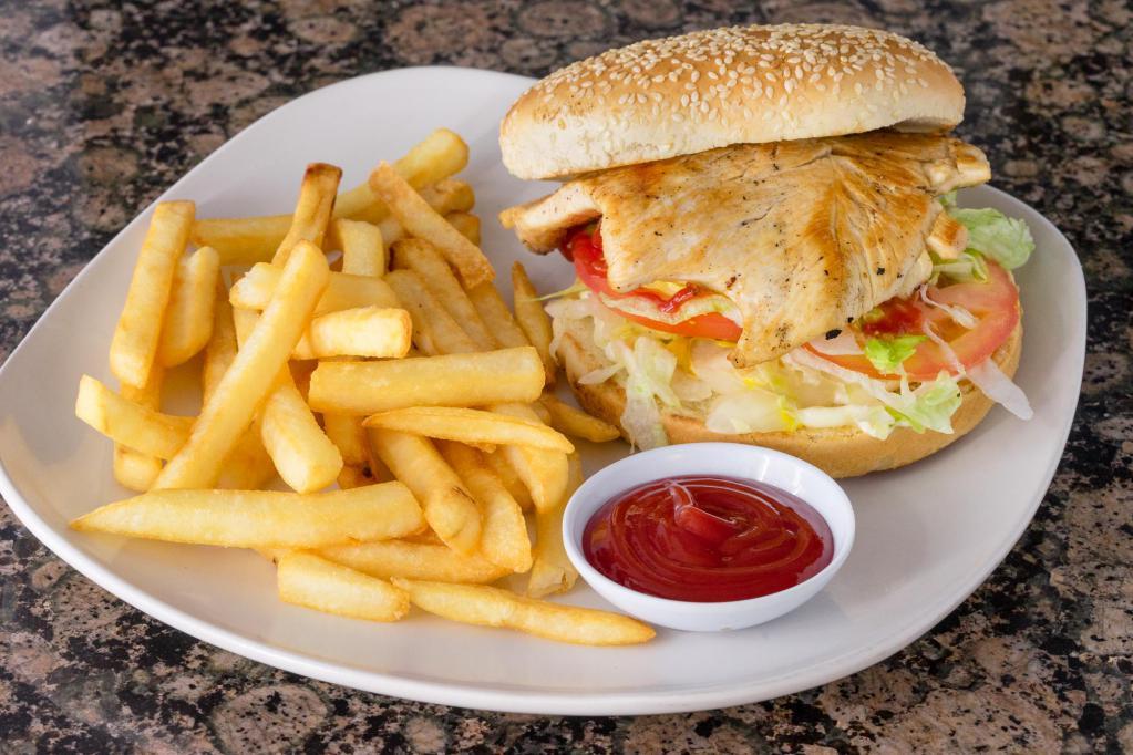 Chicken Burger · Served with french fries and a fountain drink.