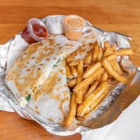 Chicken Quesadilla · Cooked tortilla that is filled with cheese and folded in half. 
