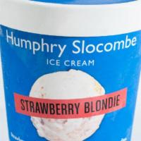 Strawberry Blondie Ice Cream · Strawberry ice cream with housemade white chocolate chip blondies.