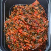 8c. Efo Riro (Spicy Spinach): Spinach cooked in spicy red sauce · Served with Chicken or Fish and Swallow: Pounded Yam, Plantain Fufu, Gari, Amala